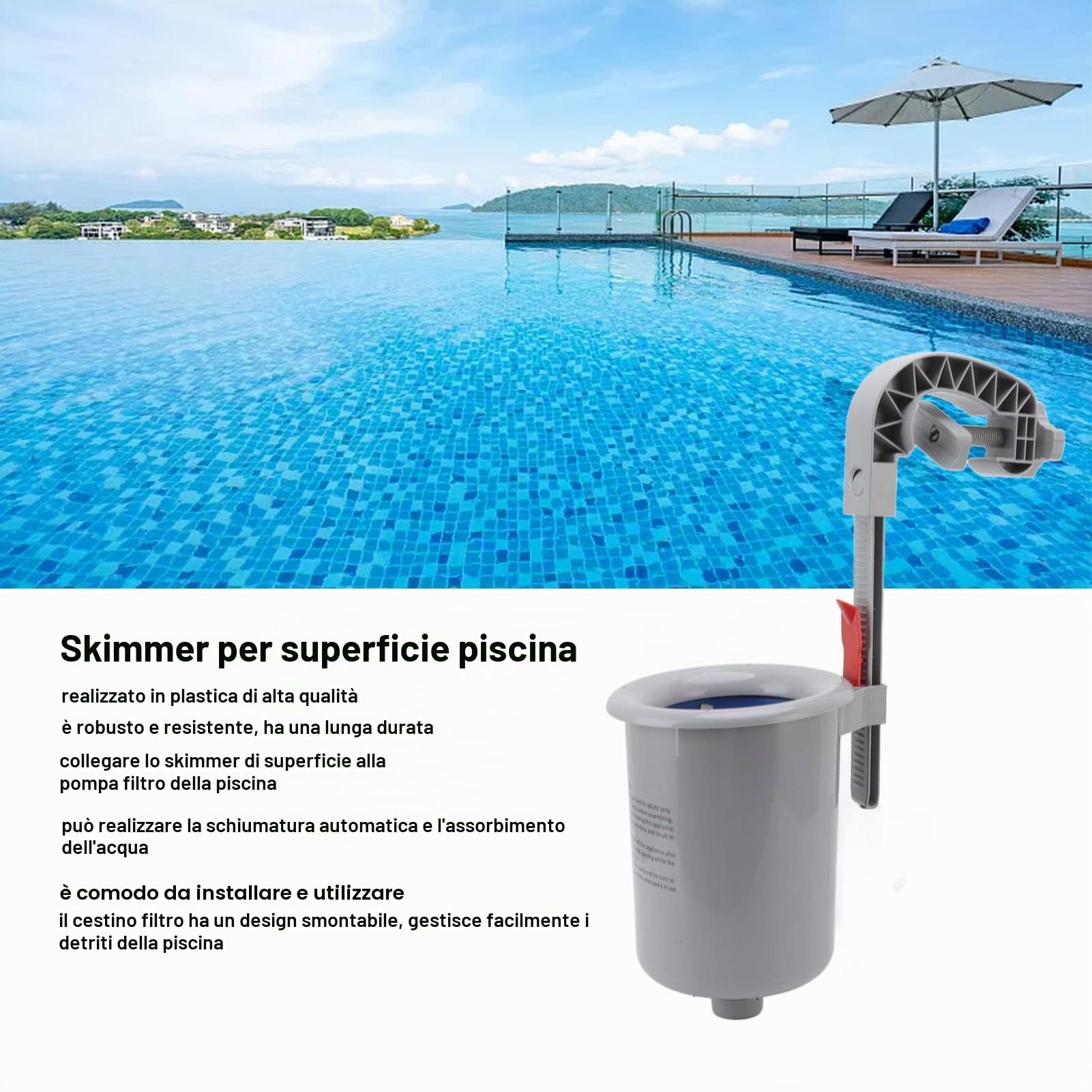 Skimmer della Piscina Fuori Terra, Skimmer Mobili a Parete Grigia in Plastica con Skimmer con Cesto Pulito Staccabile Kit di Manutenzione del Filtro per Piscina Automatica