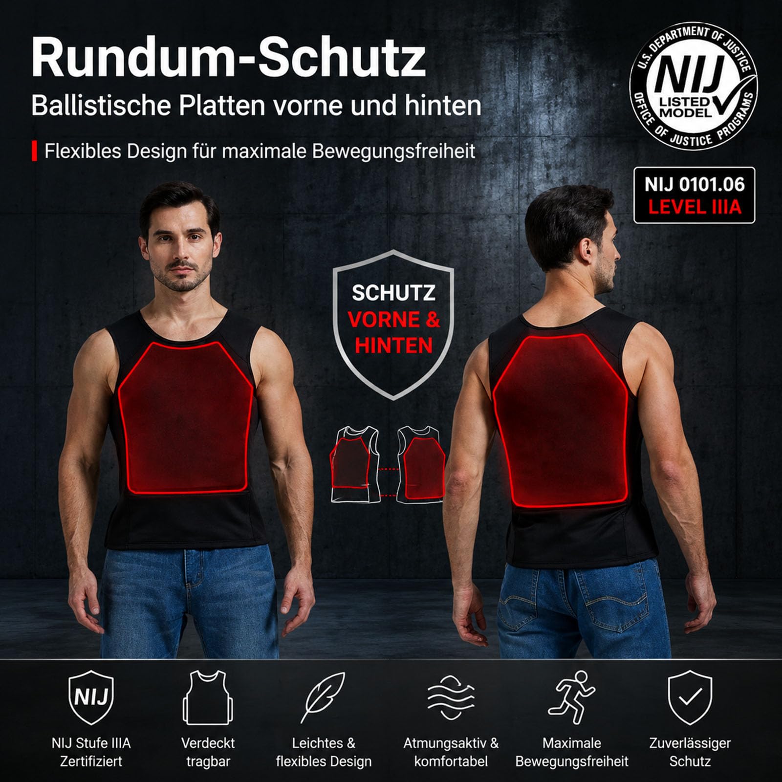 Kugelsichere Weste Level IIIA – Leichtes, Verdecktes Schusssichere Weste mit UHMW-PE Einsätzen, Schutz Vorne & Hinten,Schwarz,XL