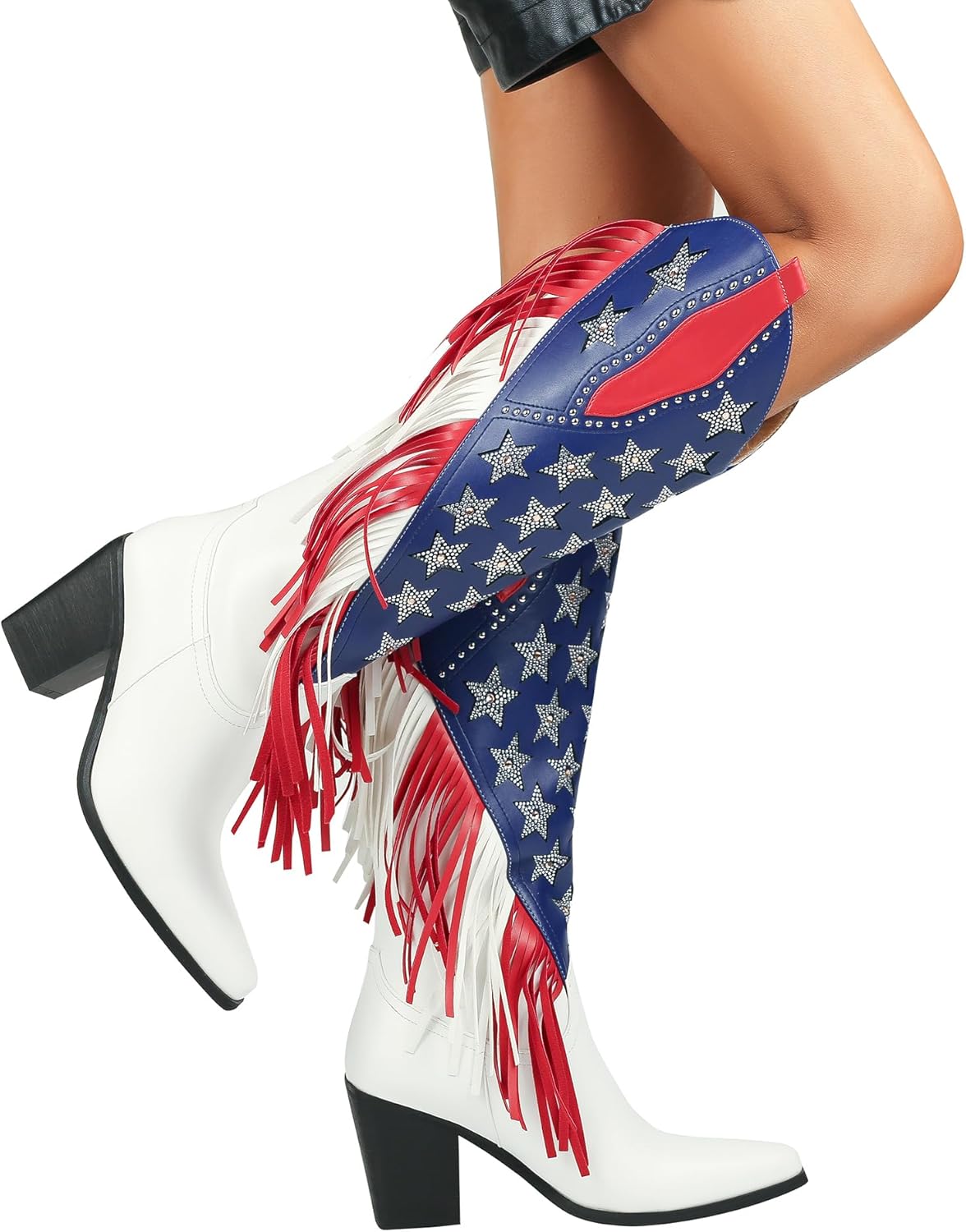 DETOGNI Women's Fringes American Flag Mid-Calf Western Boots Sparkling Stars Rhinestones Tassels Chunky Heels Cowboy Boots