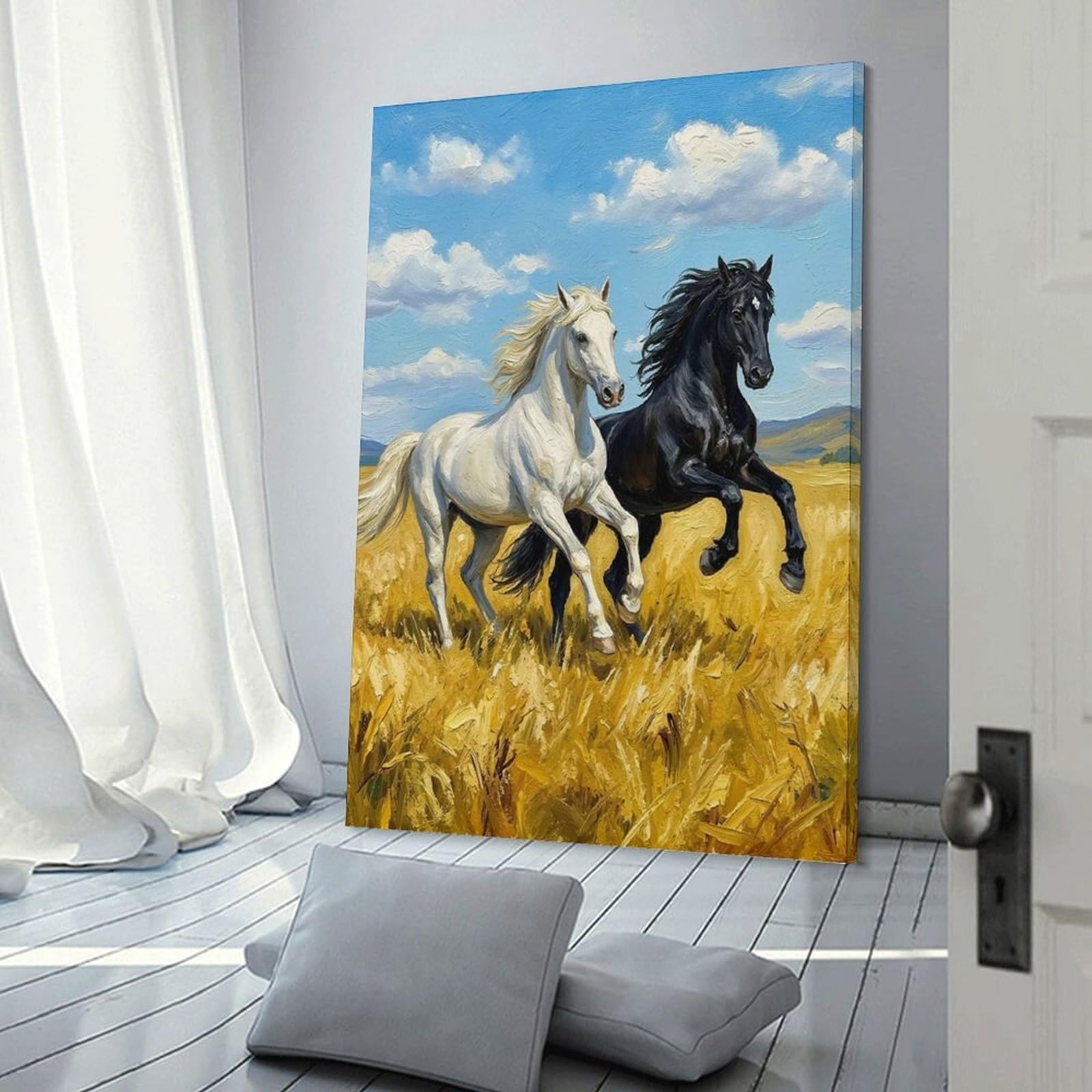 Junmoney Hanging Wall Art Two Horses Running in A Field, 24x36inch(60x90cm), for Work Areas, Reading Rooms Or Studios, Wall Art That Adds Style to Work Areas