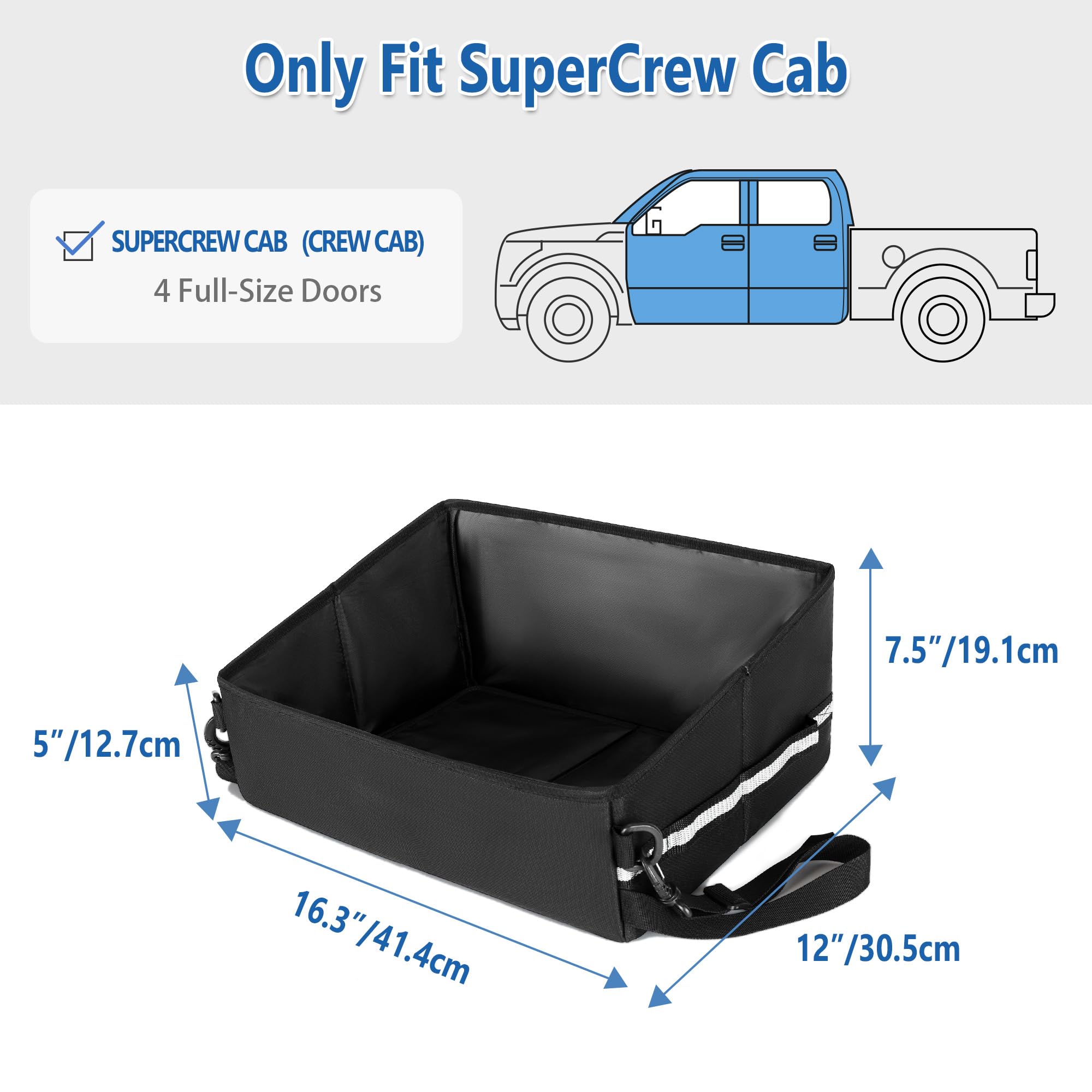 GRAOSO Under Seat Storage Fit for SuperCrew Cab, Foldable Truck Organizers and Storage Box Under Rear Seat For Single Seat with Removable Bottom Plate, 2 Side Handles and Hook Snap Fix Strap, Black