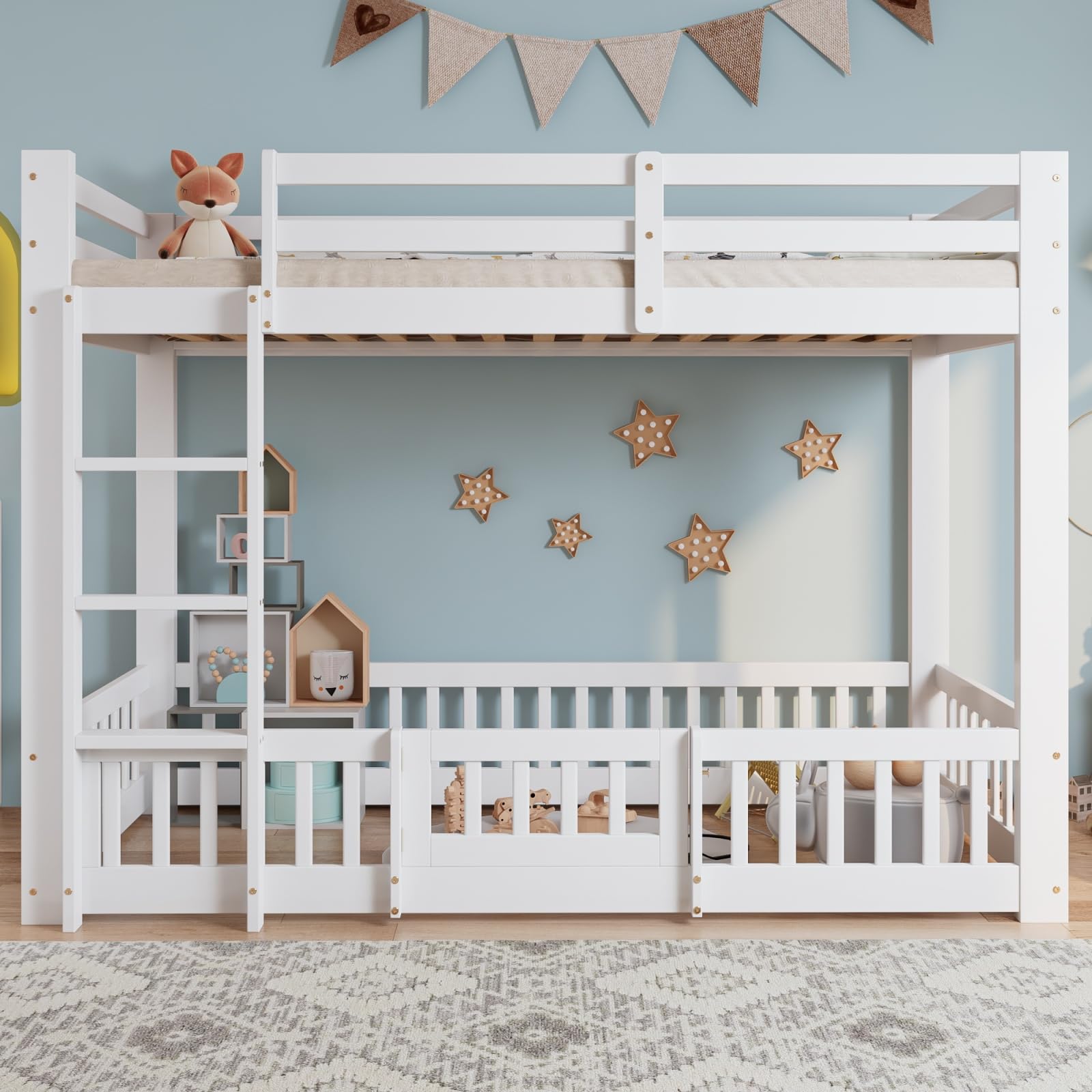 Sweiko Lit superposé avec échelle à Angle Droit 90X200 cm, Cadre de lit avec Rails et Portes, couchette inférieure sans Lattes