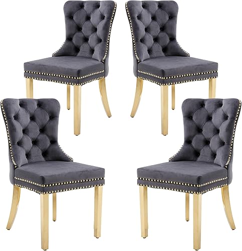 Miniatura 34 de KCC Juego de 6 sillas de comedor de terciopelo, silla de comedor tapizada de alta gama con respaldo acolchado, anillo de tracción de cabeza de