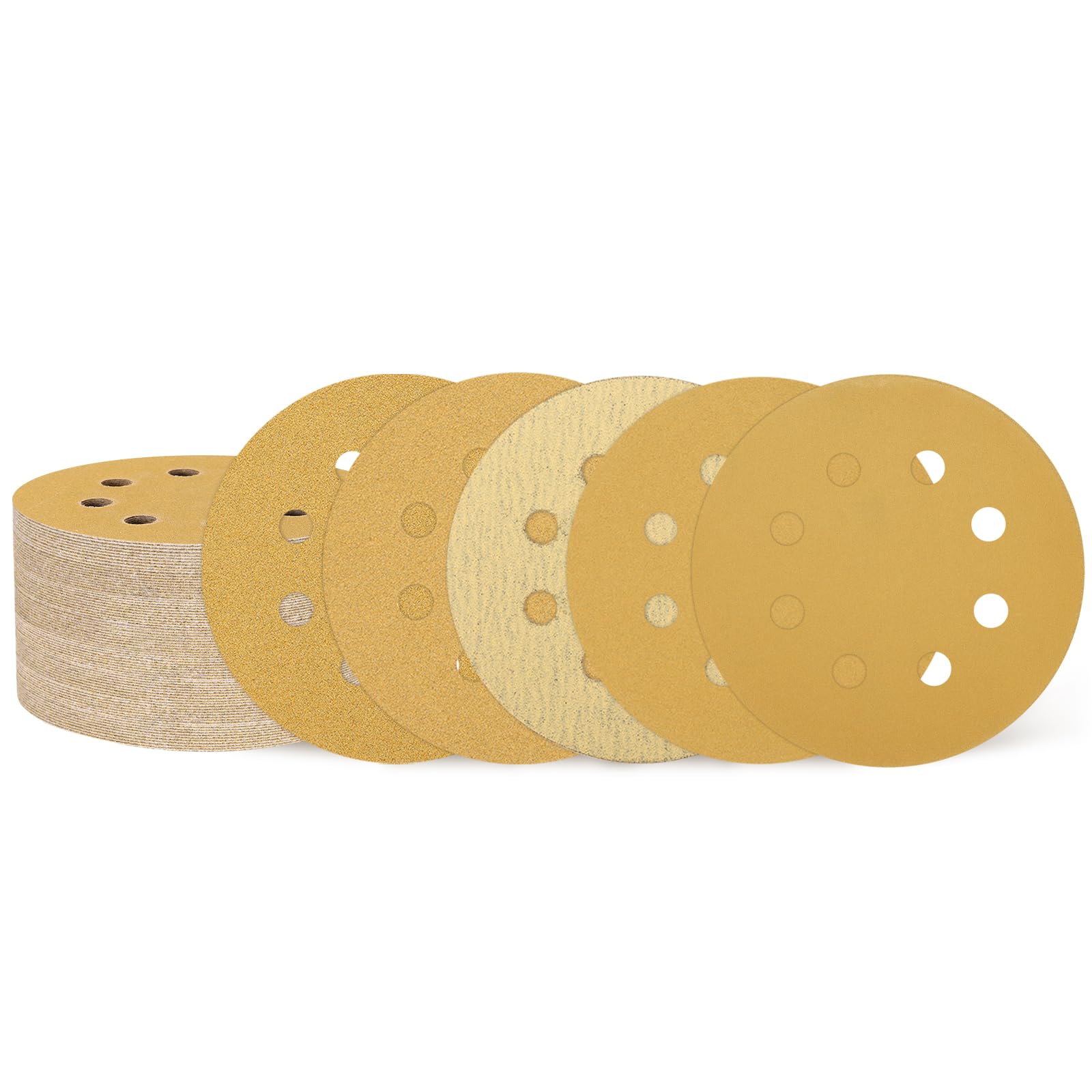 sourcing map 221 discos de lija de 125 mm, 8 agujeros, grano 60/80/120/180/220/320/400, papel de lija orbital aleatorio para carpintería, automoción y metal, color dorado