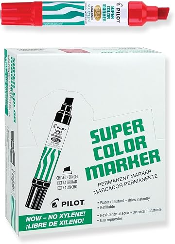 PILOT Super Color Jumbo - Marcadores permanentes recargables, tinta roja sin xileno, punta de cincel extra ancha, paquete de 12 (45300)