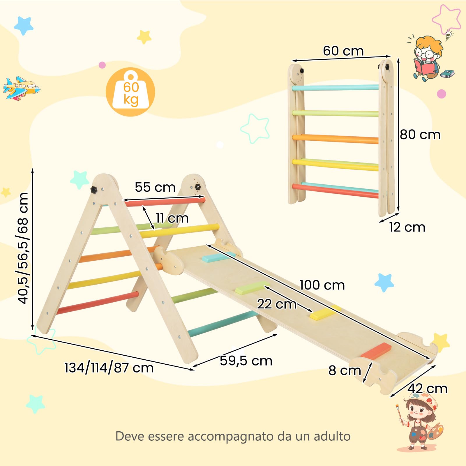 COSTWAY 3 in 1 Set da Arrampicata per Bambini, Giocattoli da Arrampicata Triangolari Pieghevoli, Altezza Regolabili, con Scivolo/Rampe da Arrampicata, Carico 60 kg (Colorato)