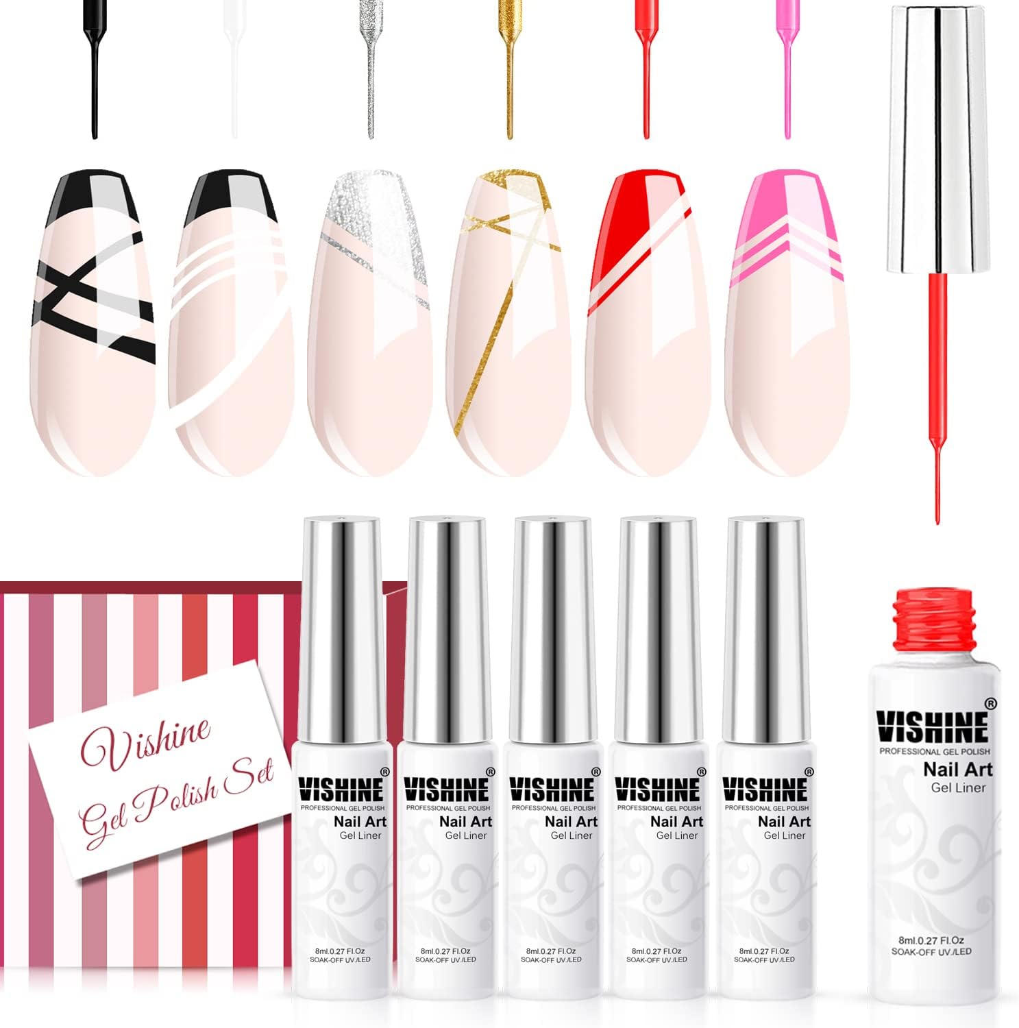 Vishine Gel Polish Nail Art Gel Liner Set - 6 Colors White Black Pink Glitter Silver Gold Gel Nail Polish Gel Liner Nail Art Soak Off Built in Thin Nail Art Brush for wirl Nails Nail Design Paint 8ml
