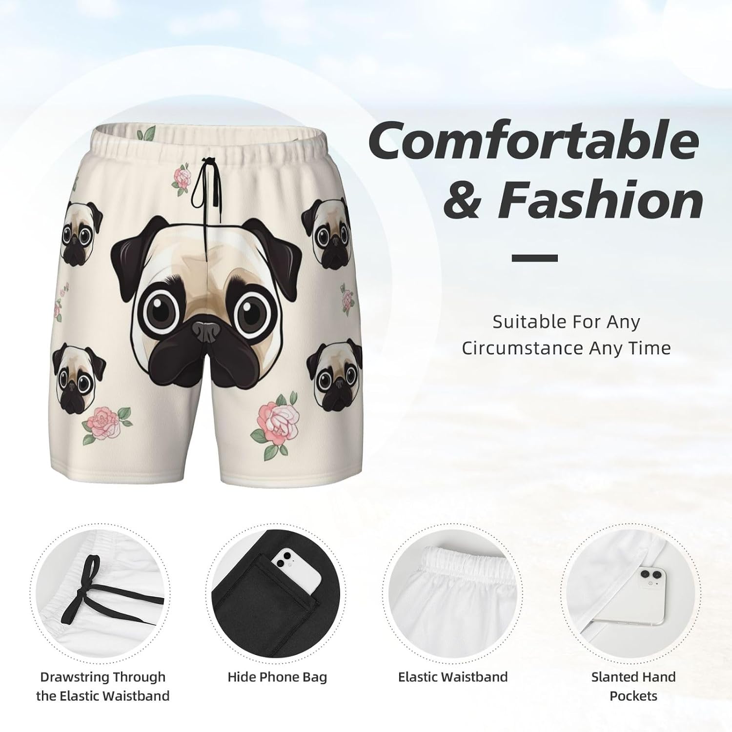 Men's Swim Trunks 2 in 1 Quick Dry Bathing Suits Line Pug Beach Board Shorts Swimwear