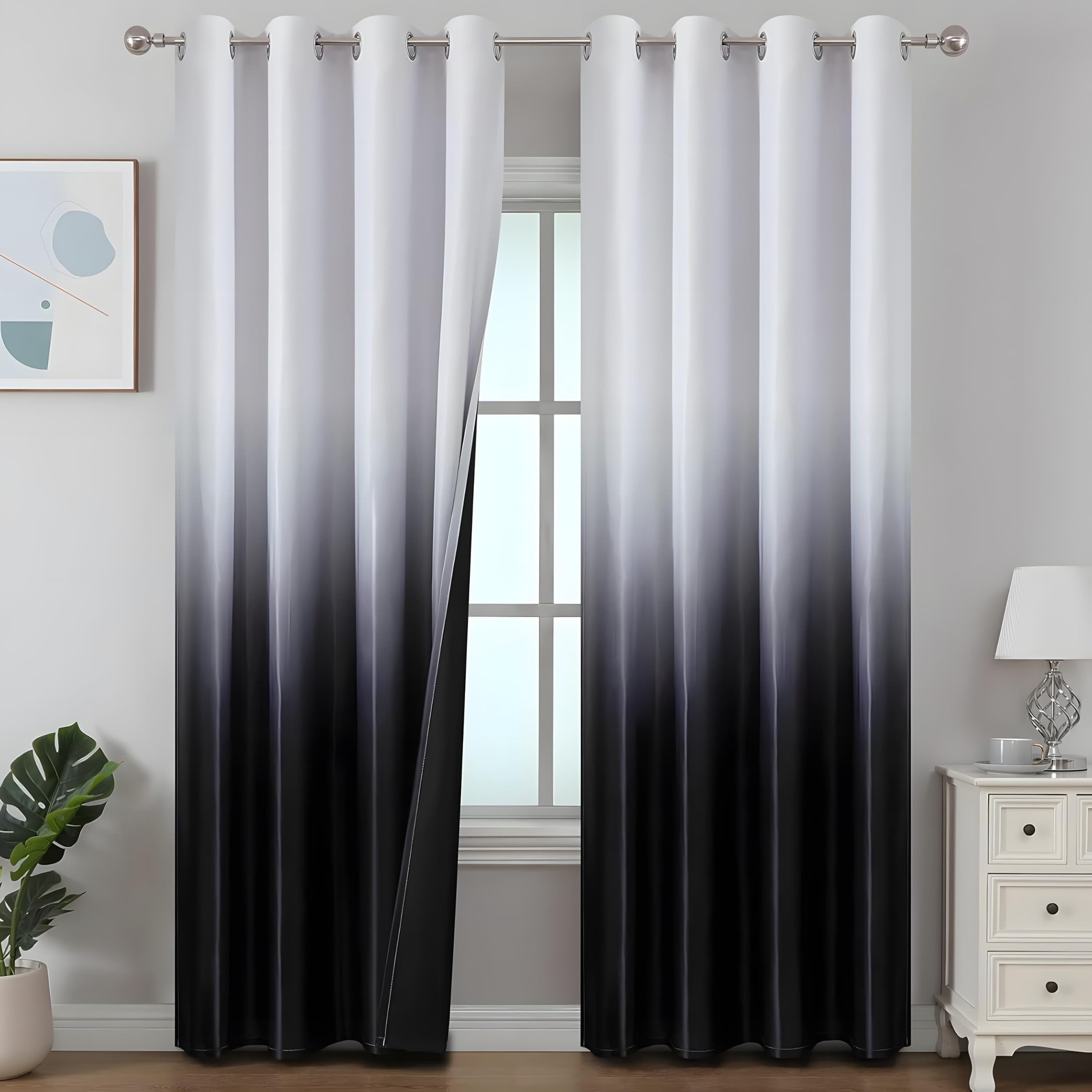 Czarno-białe zasłony z gradientem, zestaw 2 sztuk, proste i wyrafinowane, termiczne, ochrona przed zimnem, wys. 250 x szer. 70 cm, zasłona zaciemniająca na przelotkach, do pokoju dziecięcego