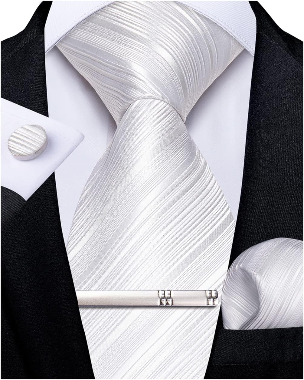 DiBanGu Mens Silk Necktie Solid Color Tie and Pocket Square Cufflink Tie Clip Set Woven Plain Ties for Men Wedding Party