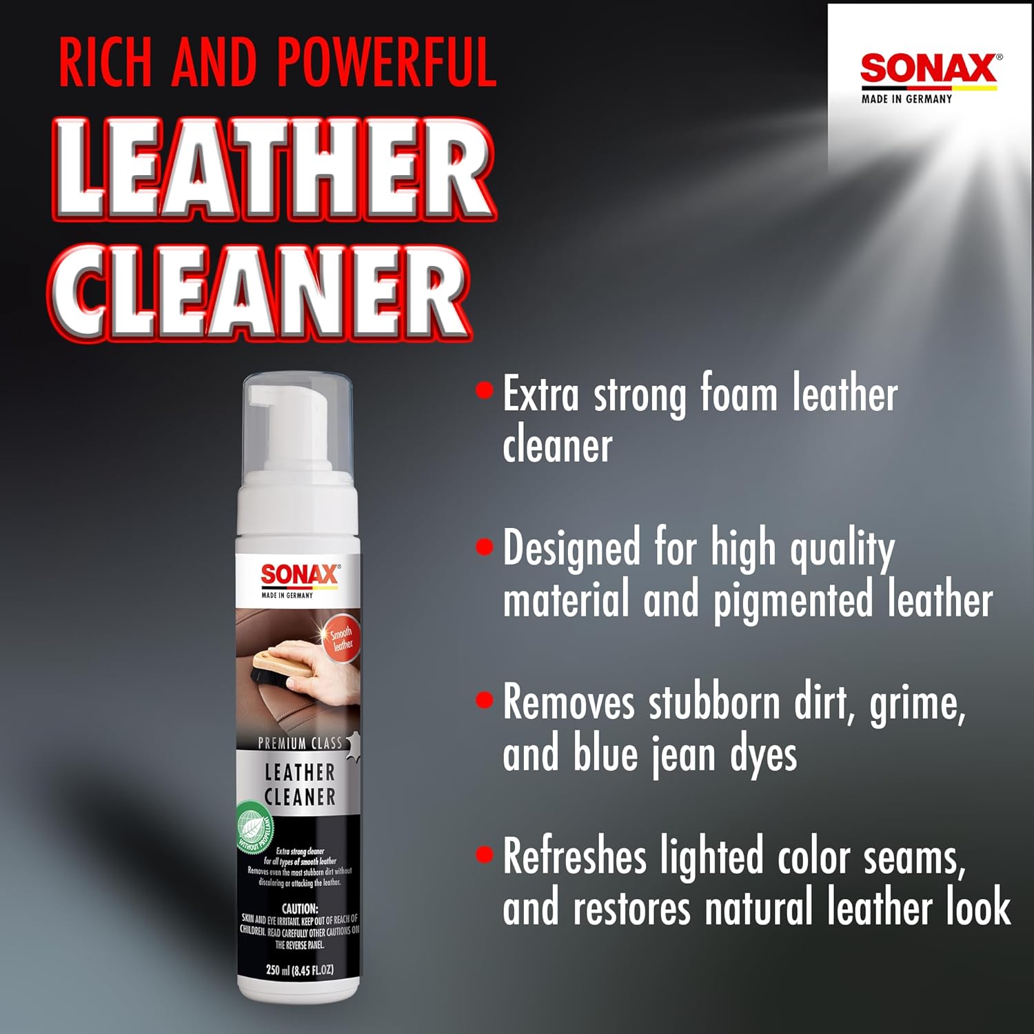 SONAX Premium Class Leather Cleaner | Powerful Foaming Formula for Deep Cleaning Smooth & Perforated Leather | Removes Stubborn Dirt, Stains & Blue Jean Transfer | Safe & Non-Drying | 281141 | 250ml - Image 2