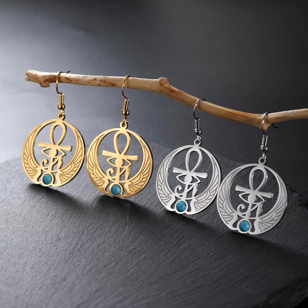 Orecchini Pendenti In Acciaio Inox Con Simboli Egiziani – Occhio Di Horus, Scarabeo E Ankh – Gioielli Etnici Con Turchese, Regalo Donna - 4