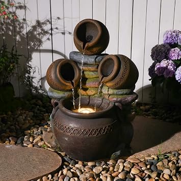 22" Tall Water Fountain Outdoor Cascading Bowls and Stacked Stones 3 Tiers Waterfalls Natural Water Feature with LED Lights for Garden, Patio, Porch