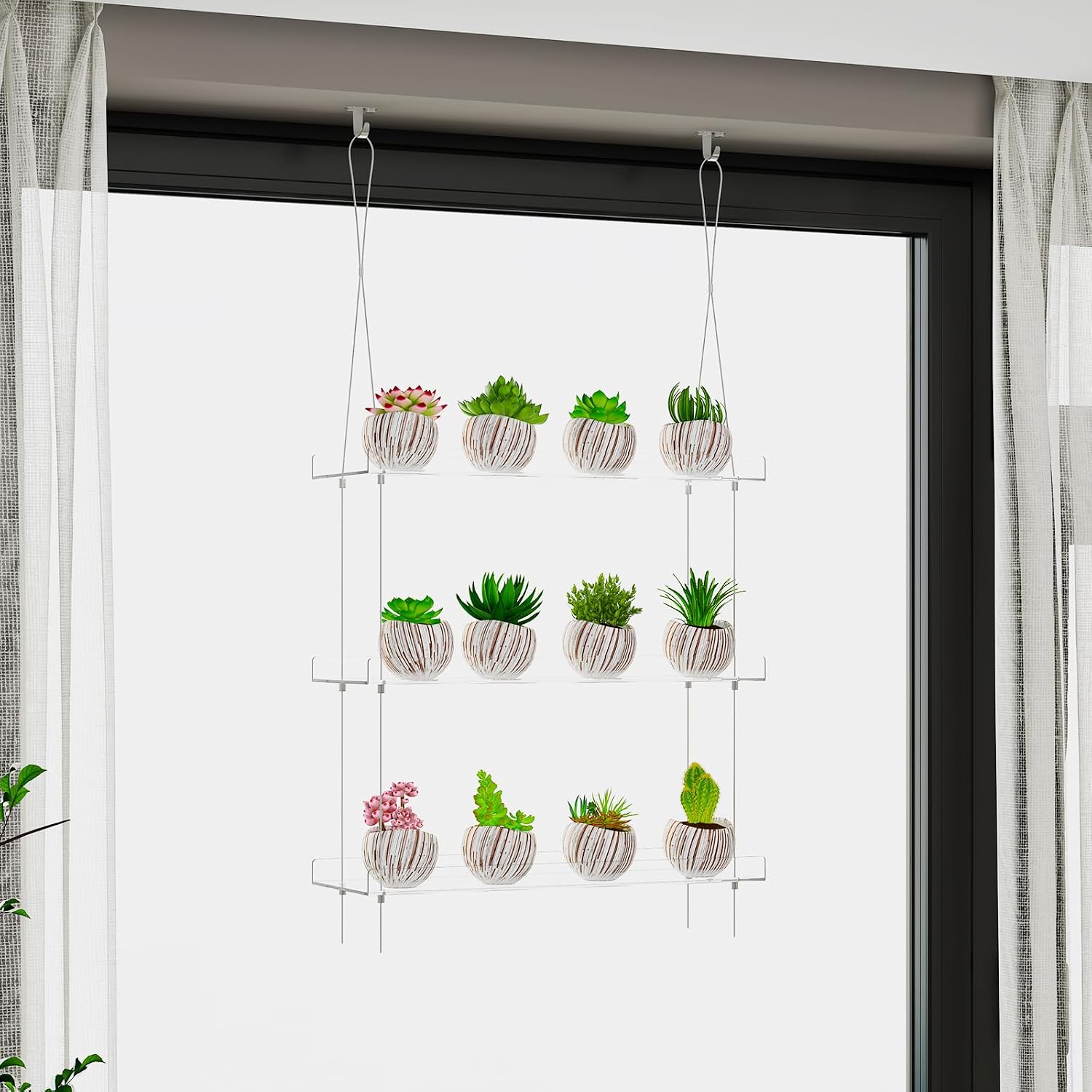 3-Tier Acrylic Hanging Plant Shelves - Height Adjustable Clear Acrylic Shelves for Windows - Perfect for Indoor Gardens, Kitchen Window Displays of Flowers, Succulent Plants, and Seedling Growth