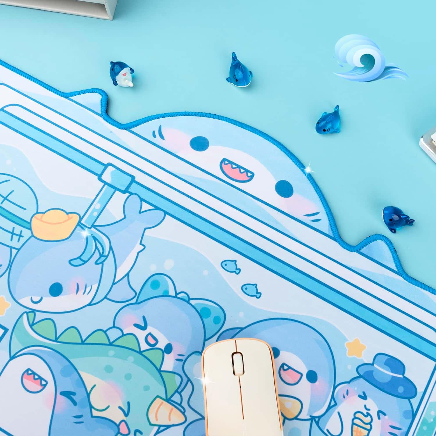 BelugaDesign Tappetino da scrivania con squalo, grande tappetino per mouse color pastello | Cutecore Ocean Switch Anime Keyboard Gaming | Lavabile in lavatrice antiscivolo da scrivania per bambini