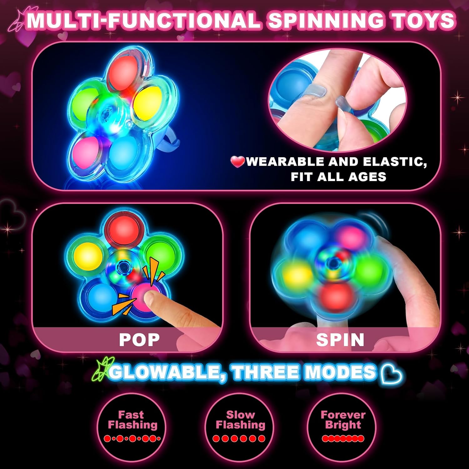 Valentines' Day Cards for Kids, 24 Pack Light Up Fidget Spinners with Valentines Day Cards for Valentine School Party Favors for Kids Boys Girls, Kid Exchange Valentines Day Gifts