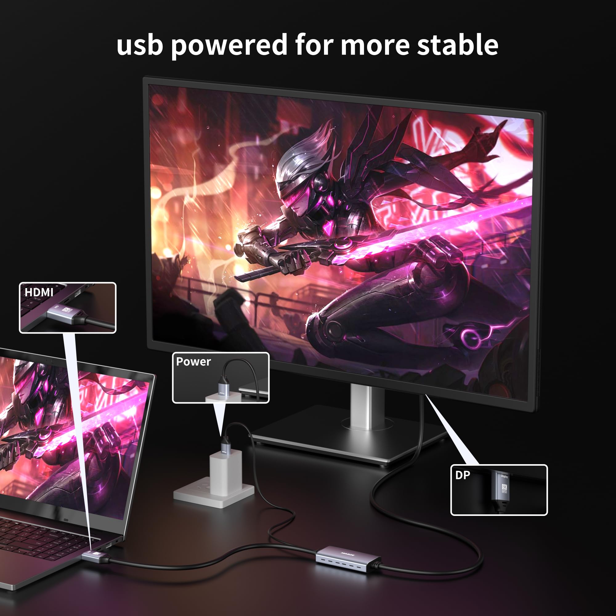 Cavo da HDMI a Displayport, adattatore da HDMI 2.1 a Displayport 1.4 4K a 120 Hz, alimentazione USB, per laptop, GPU discrete, PS5 e Xbox Series X e monitor da gioco
