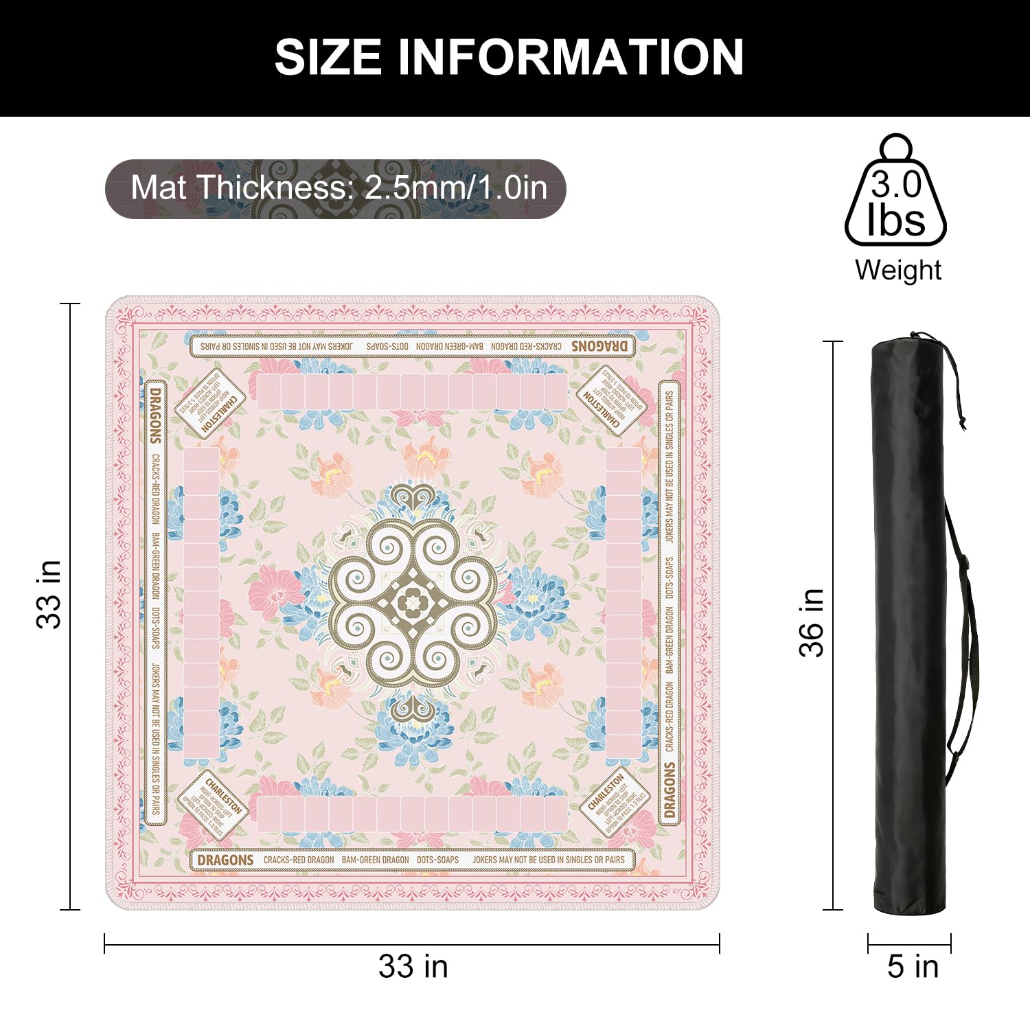 Tapis de Mahjong à fleurs roses et bleues pour réduction du bruit de table, tapis de table de Mahjong antidérapant 83 x 83 cm avec sac de transport, adapté pour mahjong, poker, jeux de société