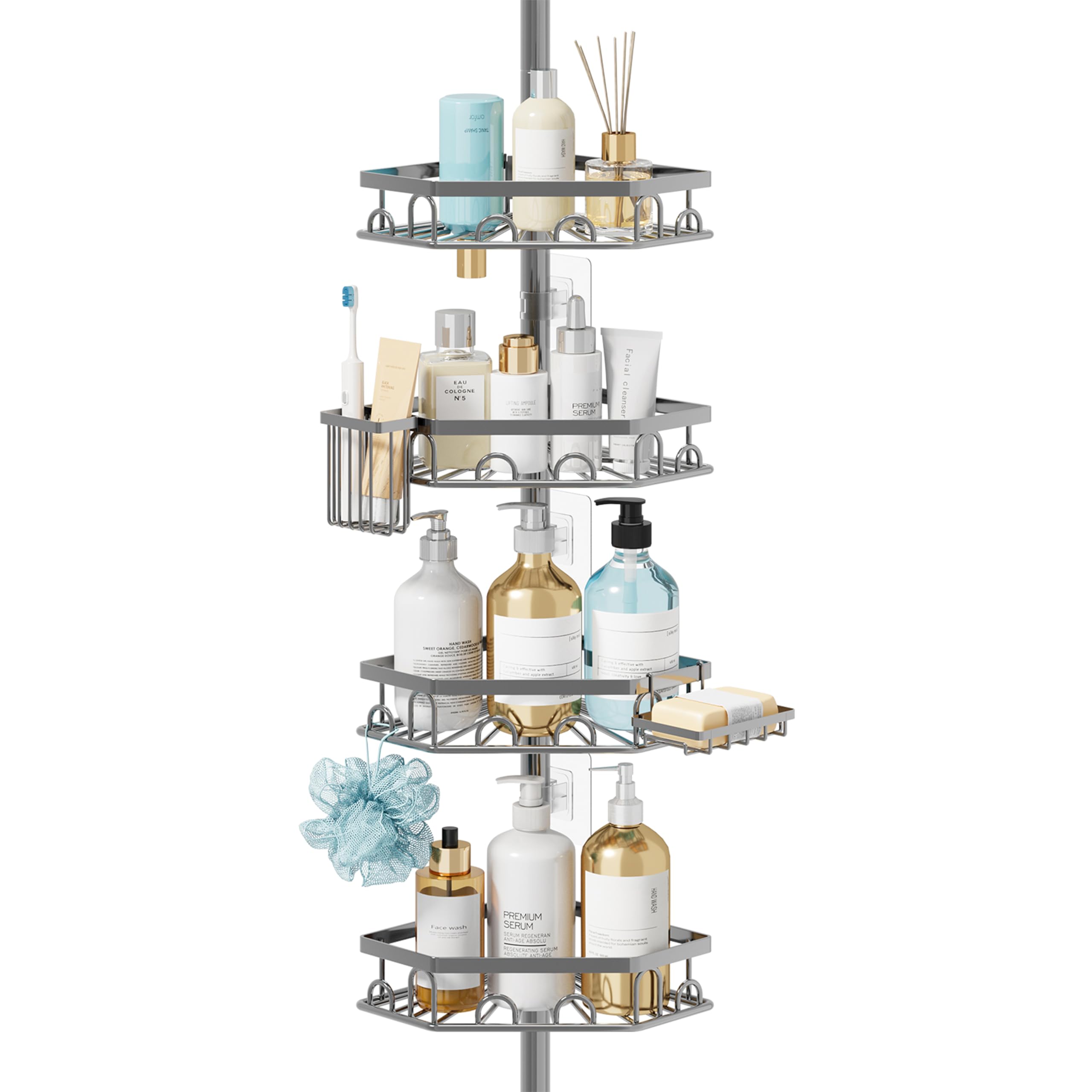 HapiRm Telescopic Shower Caddy Corner - 4 Tier Bathroom Corner Shelves, Rustproof Shower Caddy with 16 Hooks, Toothbrush Holder & Soap Dish, Adjustable Shower Shelves No Drilling for 27.6-108.3 Inch