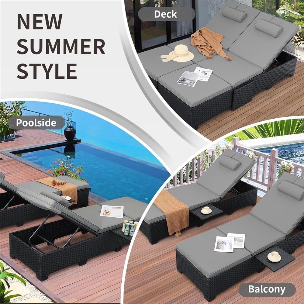 2 PCS Pool PE Wicker Chaise Lounge, Patio Outdoor Cushioned Wicker Chaise Lounger with Adjustable Backrest, Adjustable Sun Lounger for Outside Sunbathing Camping Beach