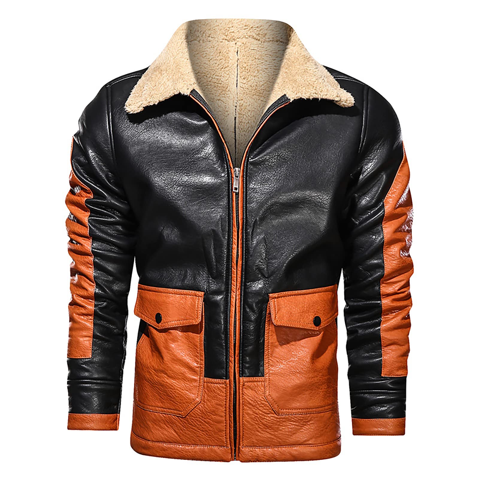 HHMacro RAF Aviator Bomber, Bomber Leather Jackets Coat for Men, Fur Collar Faux Shearling Leather Jacket, Flying Jacket Winter Jacket,Black-L
