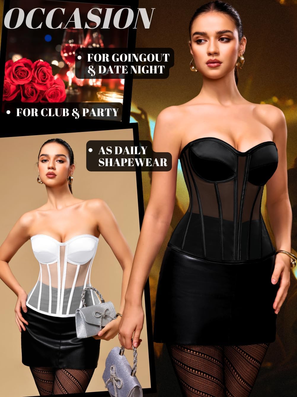 Kaei&Shi Sheer Mesh Corset Top,Overbust Satin Longline Strapless Bra,Backless Shapewear With 12 Polyester Boning