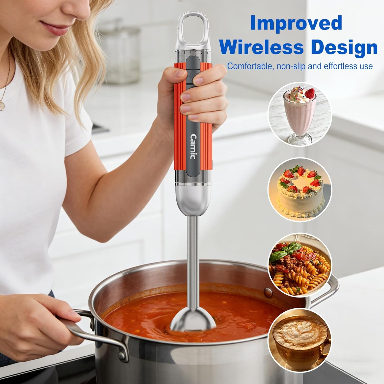 Cordless Immersion Hand Blender with Charging, 4 in 1 Hand Blenders Set,6-Speed Turbo, Wall-Mountable Design, Includes Chopper, Whisk & Frother for Soup, Baby Food & Smoothies (Orange)