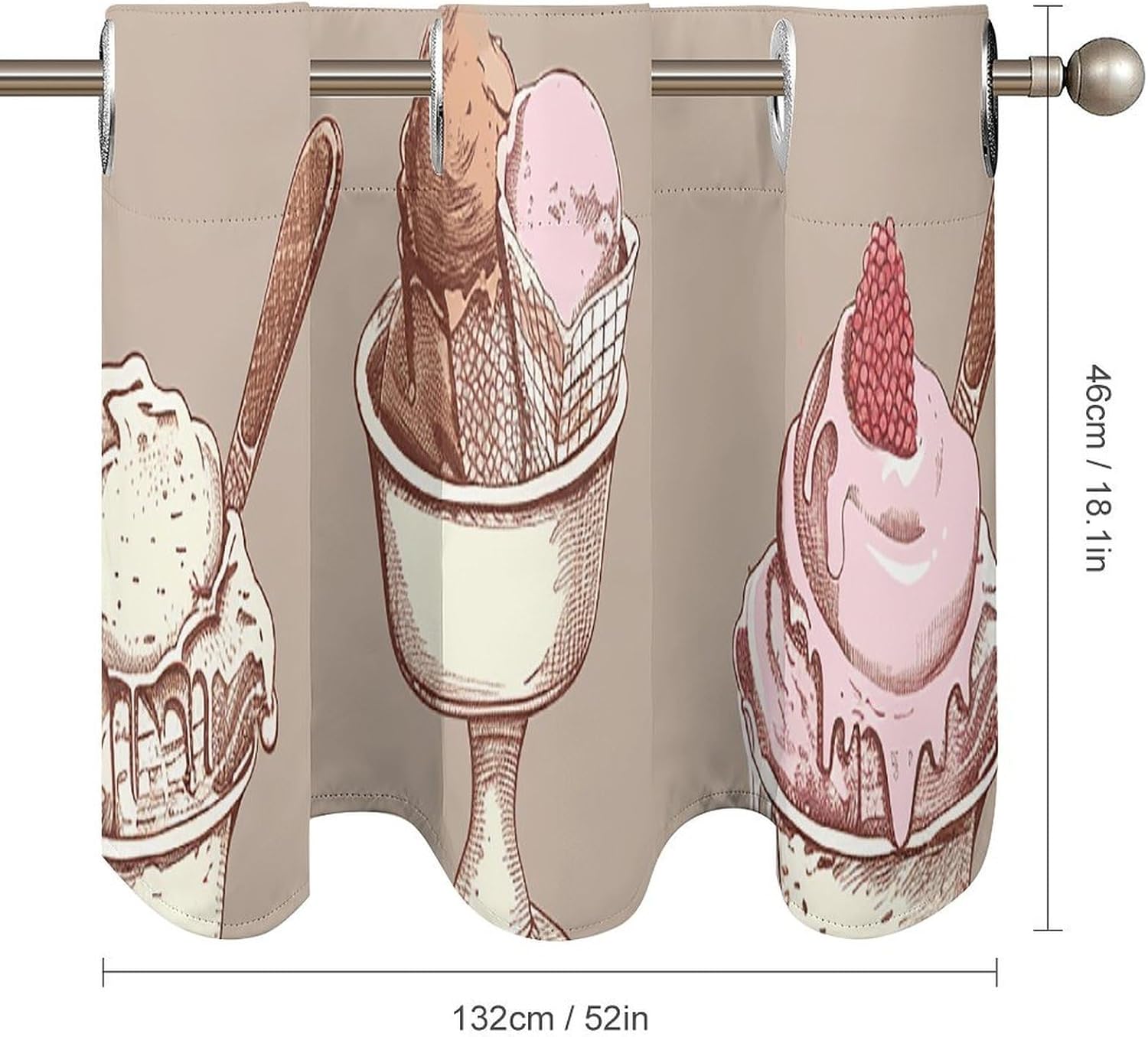 Ice Cream Pattern Valance for Windows, 2 Pack Kitchen Curtains Modern Home Decor, Soft Blackout Window Curtains for Living Room & Bedroom, 18 X 52 Inch