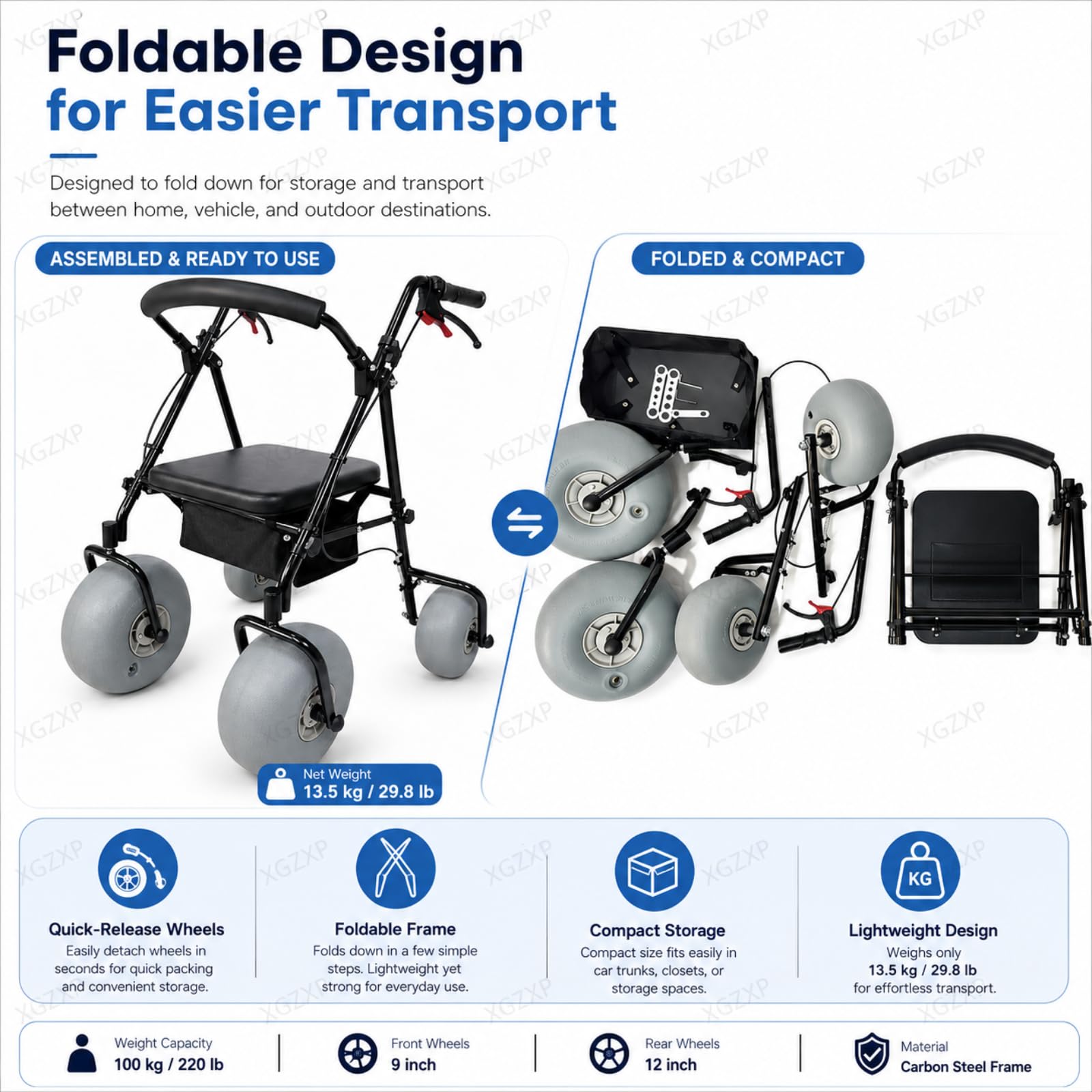 Silla De Ruedas De Playa con Neumáticos Anchos, Andador De Movilidad para Playa Todoterreno, Capacidad De 100 Kg, Diseño Plegable, para Playa, Césped, Grava Y Acceso Al Agua
