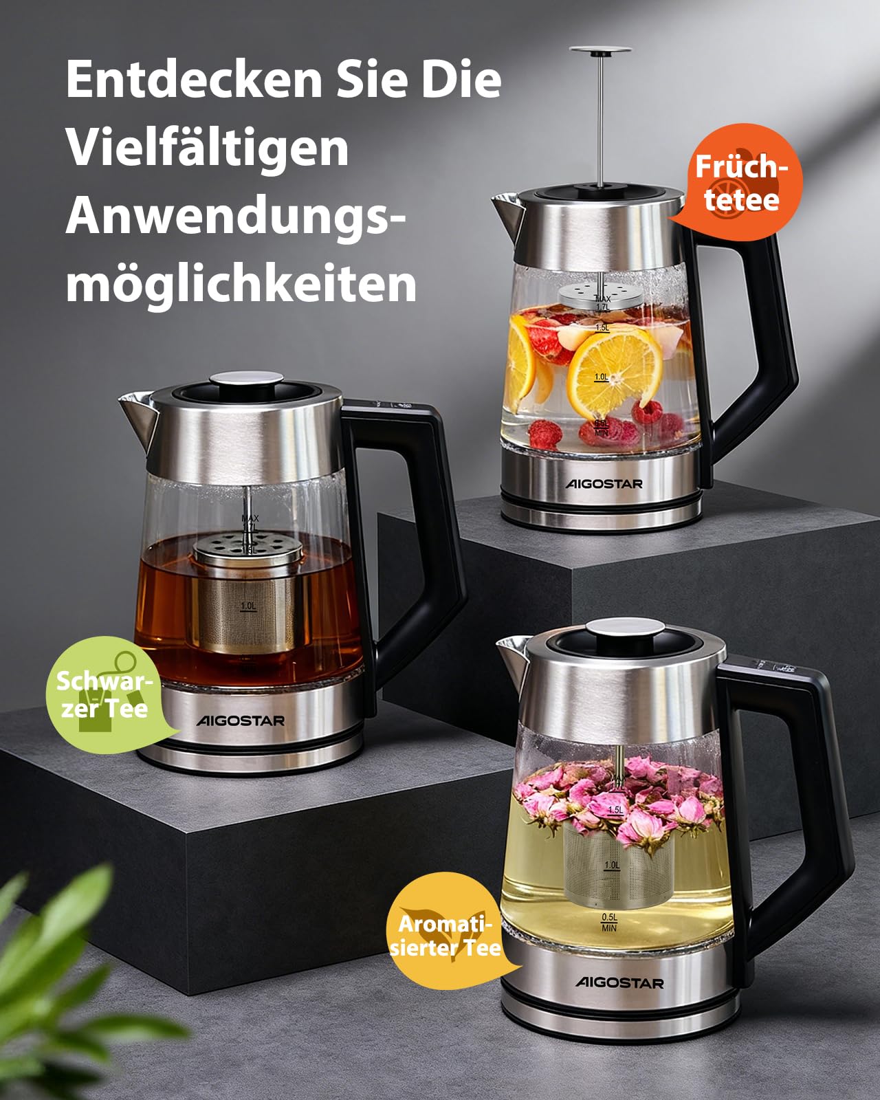 Aigostar Wasserkocher mit Temperatureinstellung, Edelstahl & Glas, BPA-frei | Keramikbeschichtung Kalkfrei Teemaschine, 1,7 Liter, 2200 Watt, Schnelles Kochen, Warmhaltefunktion, für Büro & Partys