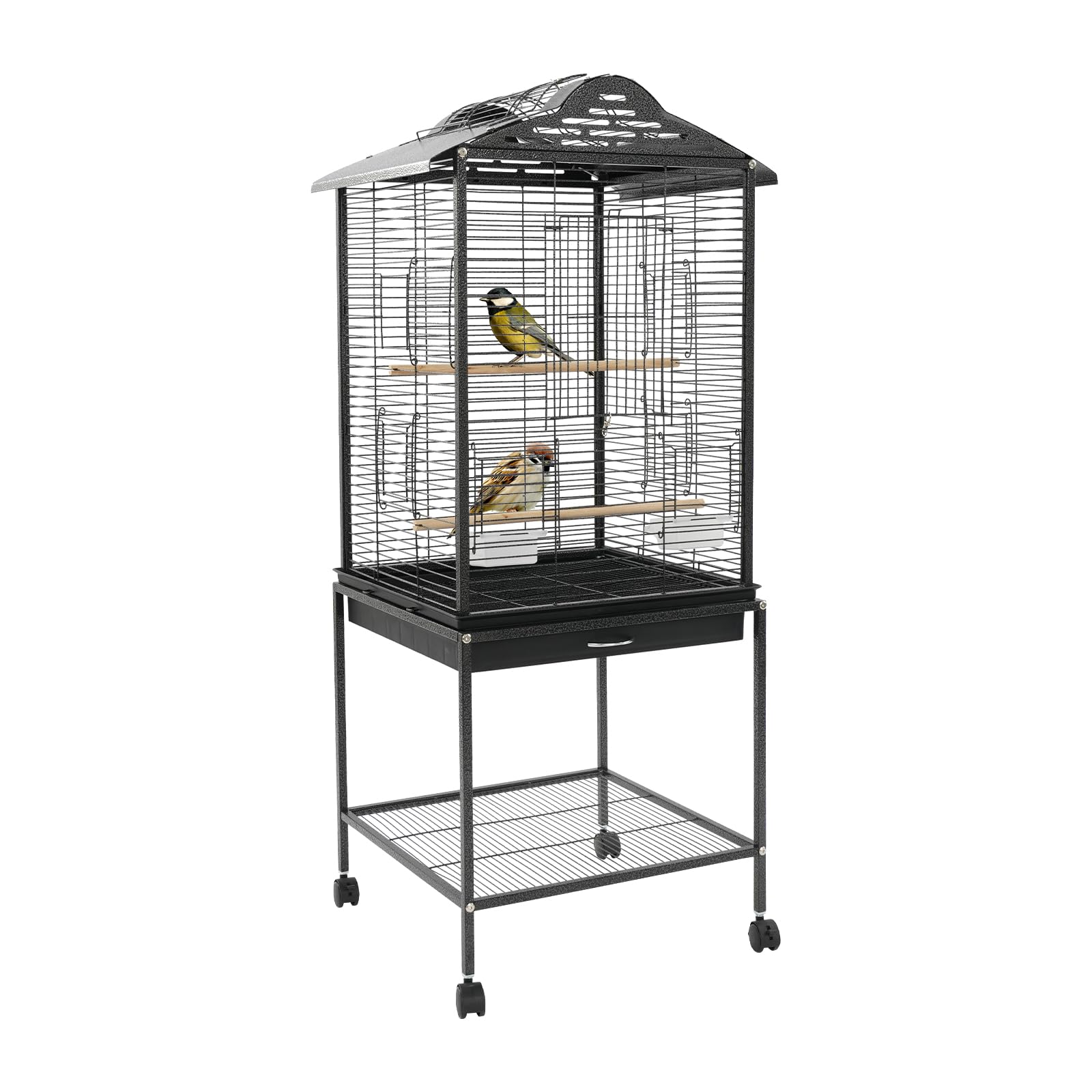 Pajarera para pájaros con ruedas, 48 x 46 x 122 cm, jaula grande con barras de madera y bandeja para la suciedad, con soporte y compartimento de almacenamiento, jaula grande (negro)