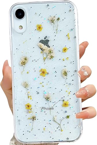 Miniatura 25 de Funda transparente para iPhone 16 Pro Max con diseño de flores reales presionadas, patrón floral rosa brillante y lindo, funda protectora de TPU