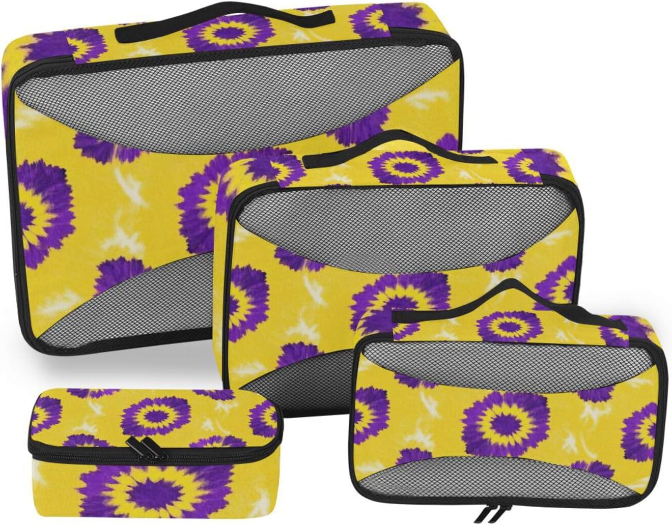Yellow-purple Tie-dye 4 Pcs set organizer travel case Mesh Travel Essentials expandable set compression packing cubes