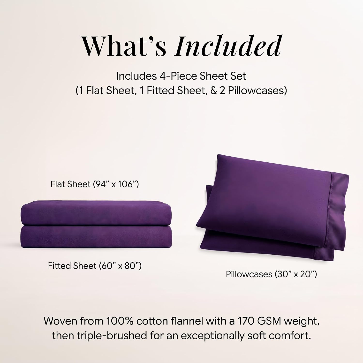 Tribeca Living Triple Brushed Soft Cotton Flannel Sheets Set, Queen Size 170-GSM Weight Extra Deep Pocket Sheet in Solid Purple Color