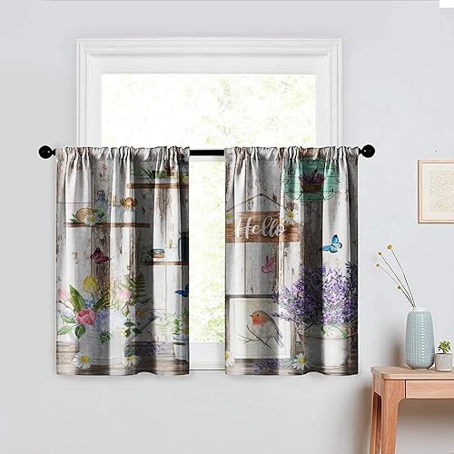 Miniatura 12 de Cortinas cortas de 24 pulgadas de largo, cortina de oscurecimiento de habitación para cocina, baño, dormitorio, estilo rústico, girasol, tela con