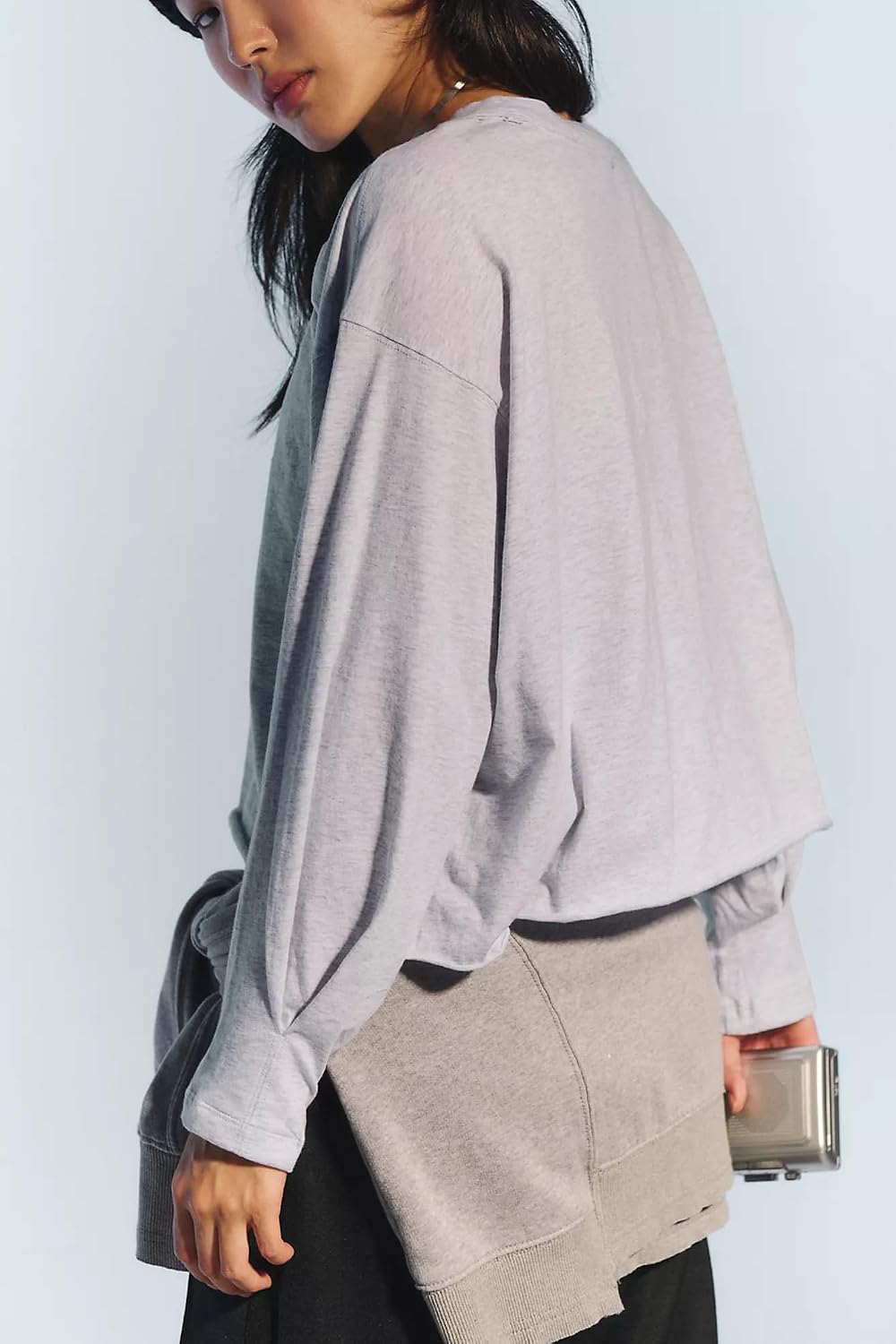 INFITTY Womens Cropped Workout Tops Loose Fit Shirt Long Sleeve Blouses Trendy Pullover