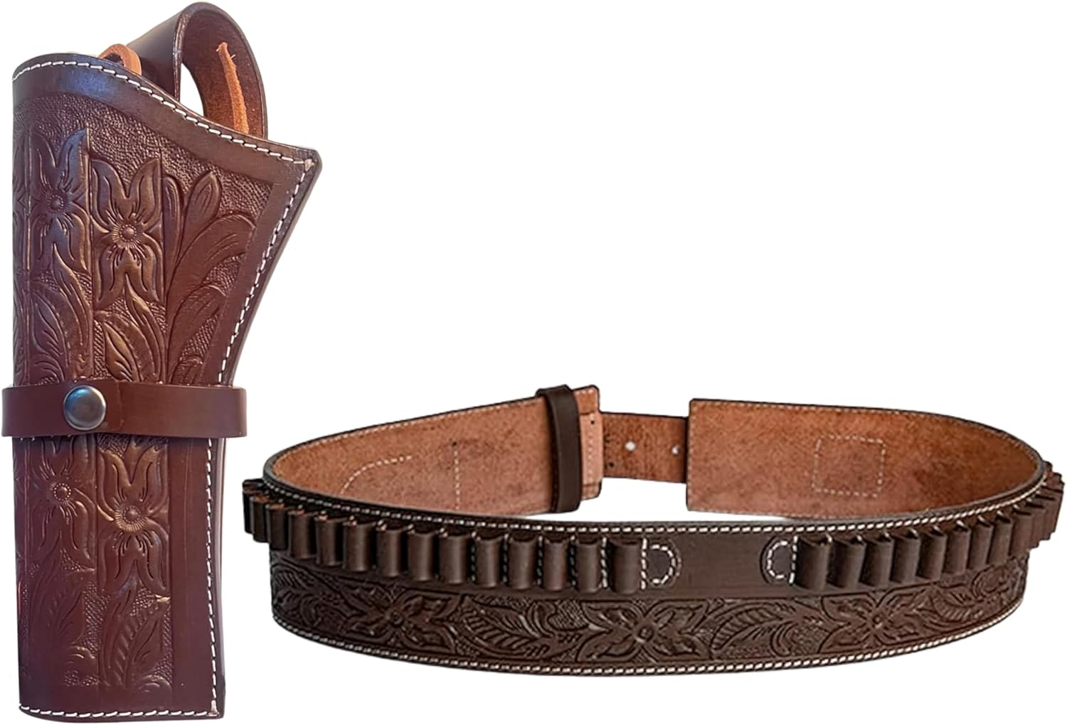 Hulara Carved Flower Brown Western Gun Holster & Leather Ammo Belt Set – 22 Cartridge Leather Belt Size-3 With Heritage Cowboy Revolver Holster Left