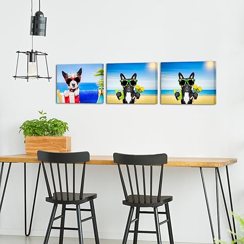 Miniatura 3 de iHAPPYWALL 3 piezas de lienzo de animales de perro, arte de pared, libro de lectura de chihuahua, divertido cachorro relajante en verano, playa,