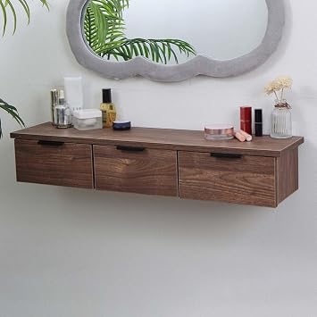 Floating Makeup Drawers,Wall-Mounted Desk Vanity with Drawers,Wood Makeup Vanity Desk,Wall Mounted Desk for BedroomBlack Walnut Color