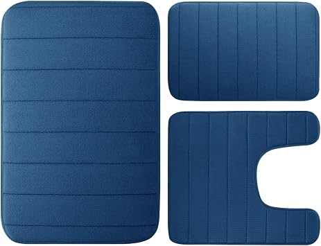 Bathroom Rug Set 3Pcs Memory Foam Bath Mats Set 40x60CM 50X80CM Rectangle and U-Shaped Bathroom Rugs Non-Slip SoftBlue3