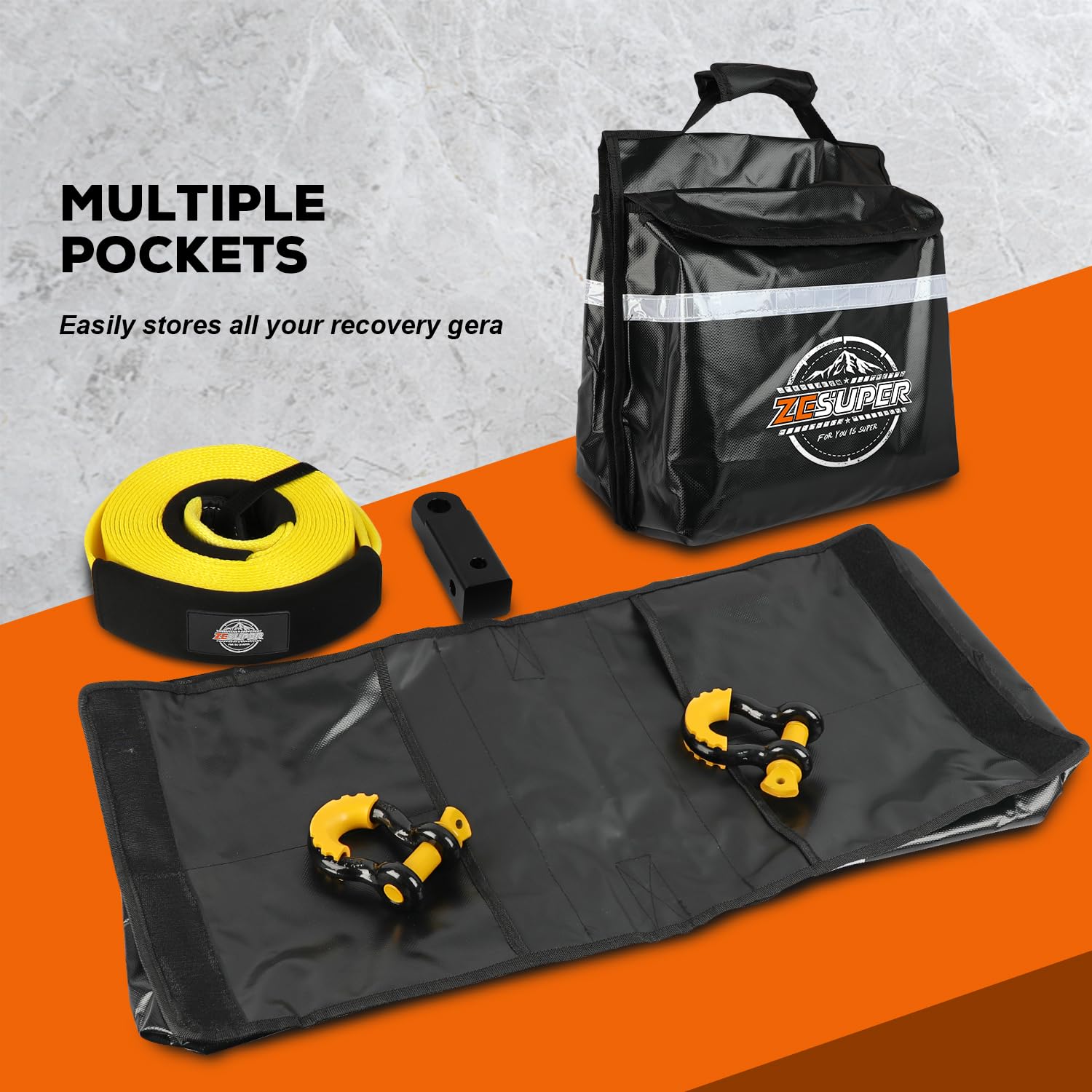 ZESUPER Heavy Duty Recovery Tow Strap Kit - 3"x30' Snatch Strap (26,500 Lb), 2 Shackles, Hitch Receiver, Damper Bag - View #4