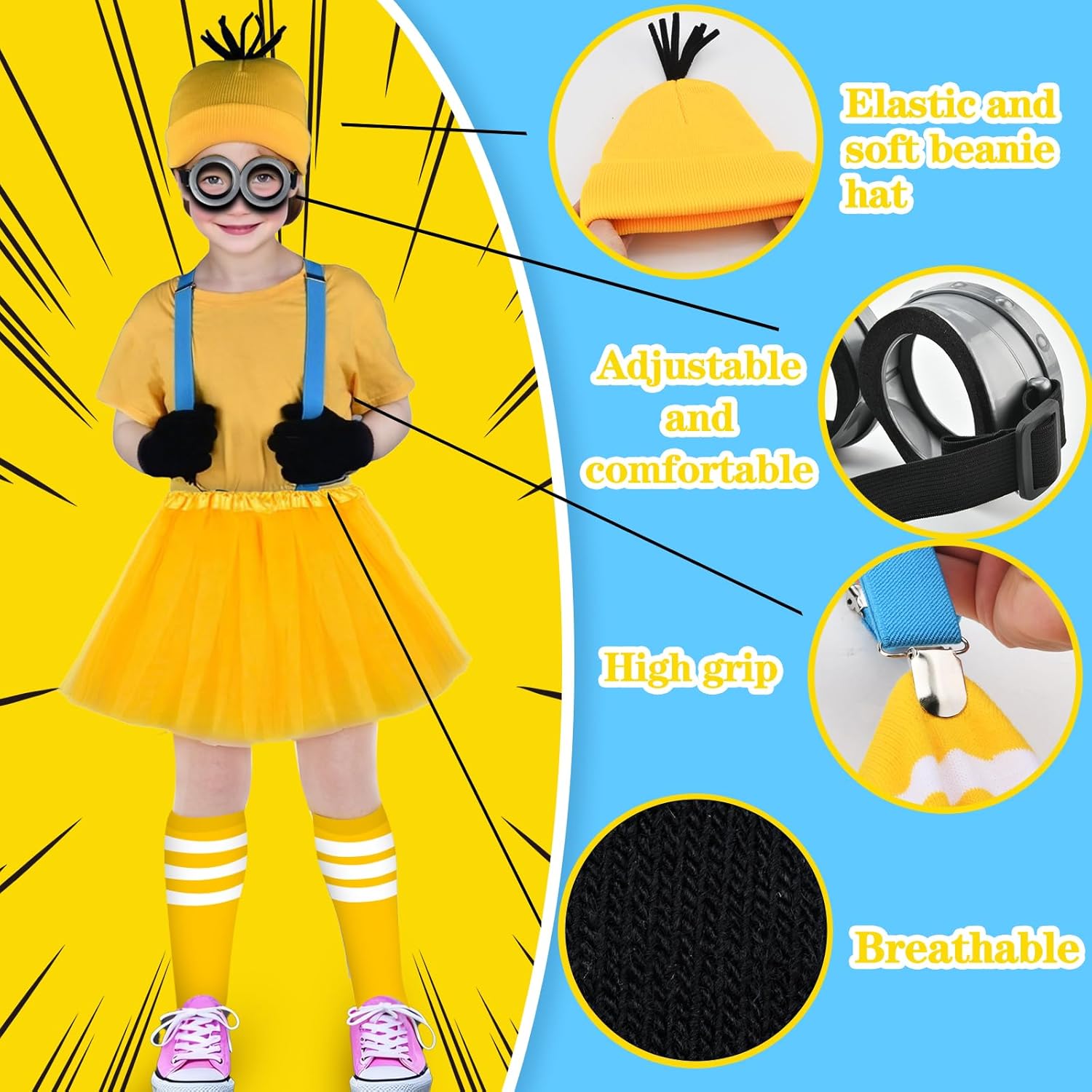 BUUFAN 5Pcs Halloween Costume Accessories Girls Steampunk Goggles Glasses Blue Y-Back Suspender Yellow Beanie Hat Skit Black Gloves Perfect for Birthday Party and Halloween Cosplay Party - Image 3