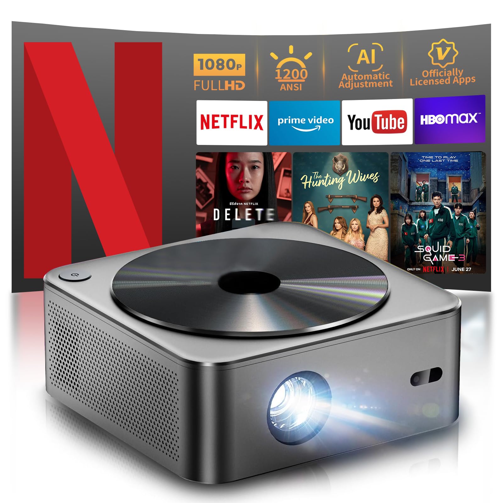 Projector-4K [1200 ANSI/Netflix Officially Licensed]Smart Projector with WiFi6 and Bluetooth,3D Stereo Sound & AI Auto Focus,Outdoor Movie Projector,MAX 300''Display K8