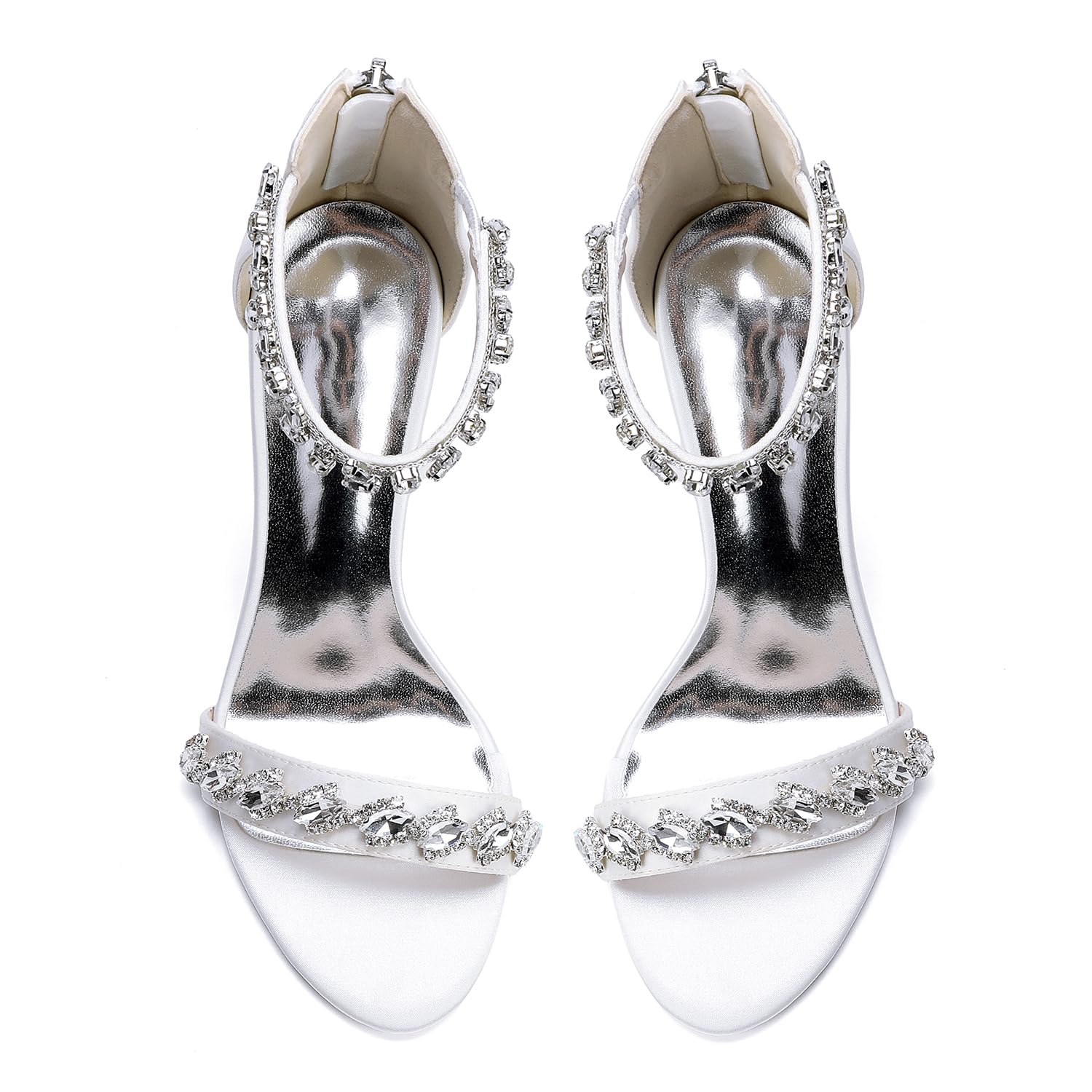 Sandalias de Satén con Tira de Cristales para Mujer Tacones de Boda Elegantes con Cremallera Trasera y Joyas