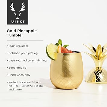 Viski Gold Pineapple Tumbler with Lid for Mai Tais, Tiki Drinks, and Craft Cocktails, Tumbler Cup, Stainless Steel with Gold Plating, 16 Oz Set of 1