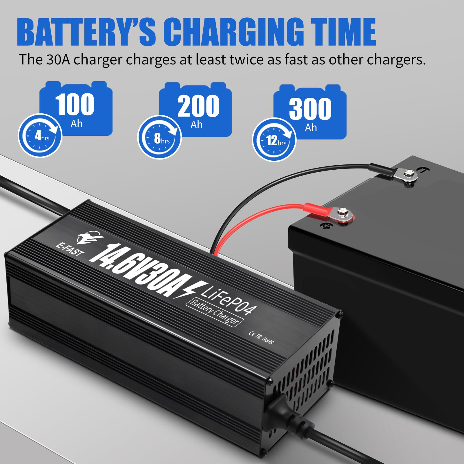 Caricabatteria al litio da 12 V 30 A 14,6 V LiFePO4 Caricabatterie intelligente con indicatore connettore Anderson speciale per batterie ricaricabili al litio LiFePO4 a ciclo profondo di barca, camper