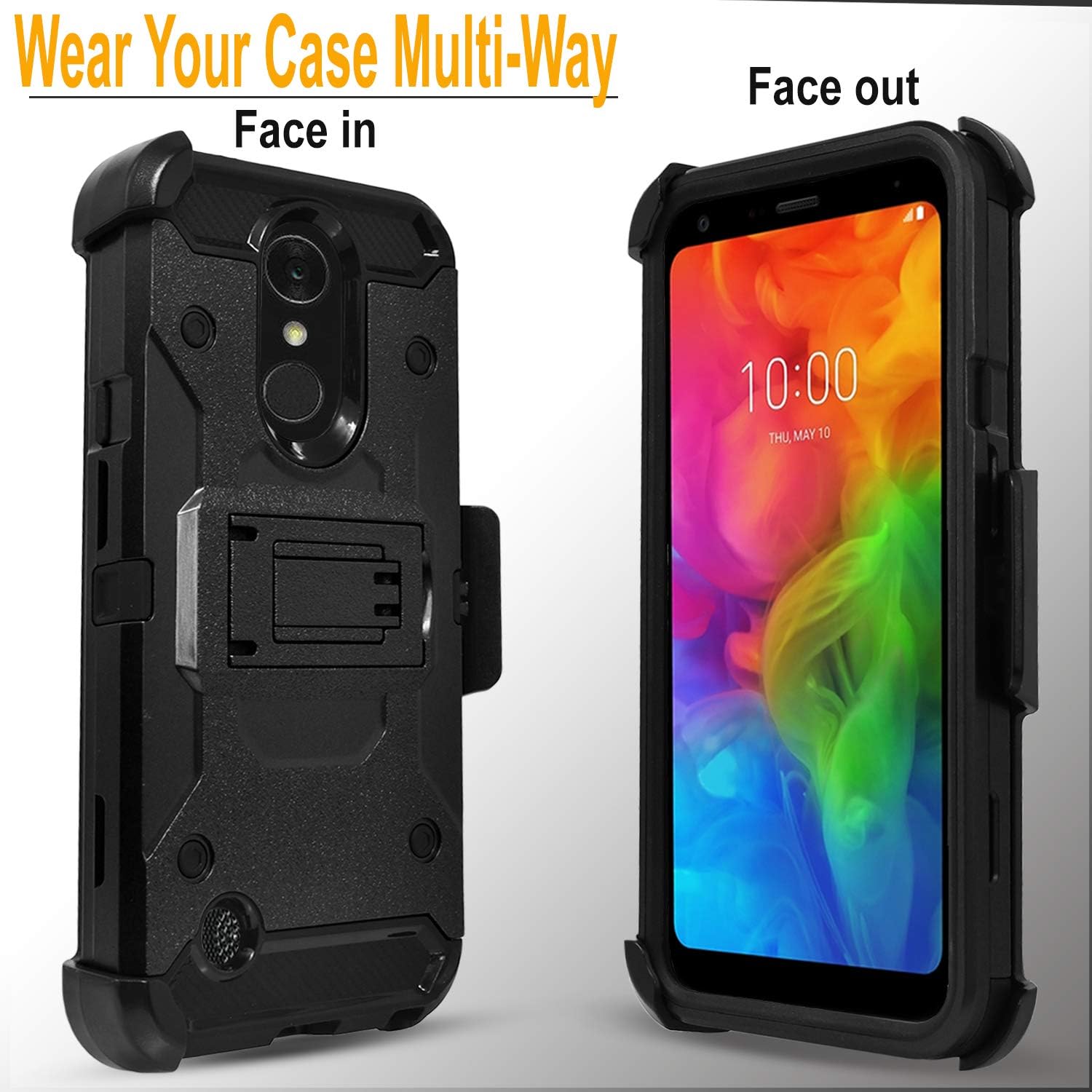 LG K20 Plus Case, LG K20 Case, LG Harmony Case, LG K20 V/Grace Case, with [Tempered Glass Screen Protector], Full Cover Heavy Duty Dual Layers Phone Cover with Kickstand and Locking Belt Clip -Black