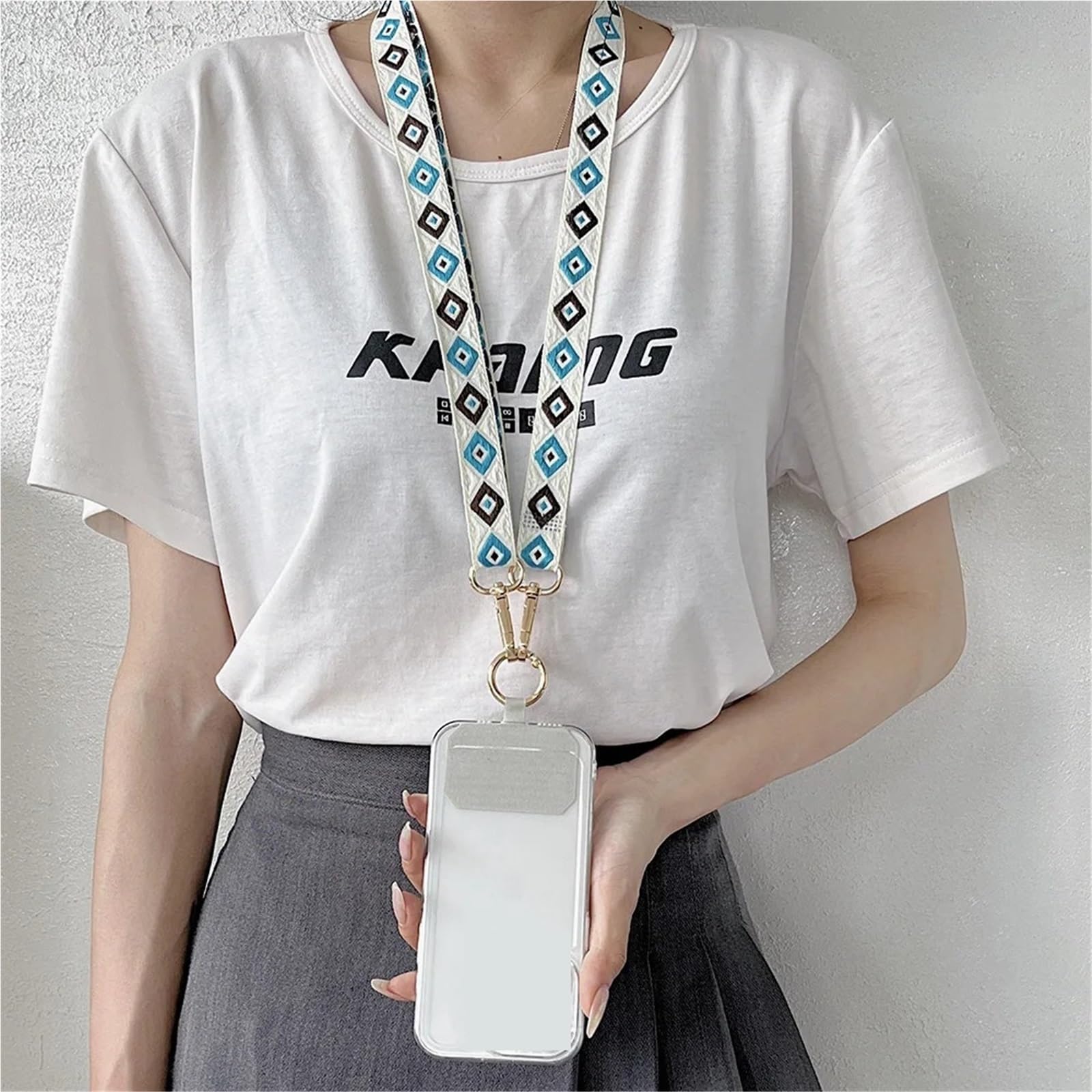 Smycze do telefonu i paski na nadgarstek, Regulowany pasek na ramię do telefonu, długi, z łańcuszkiem, w stylu retro, totemowym wzorem, szeroką opaską szyję(Khaki)