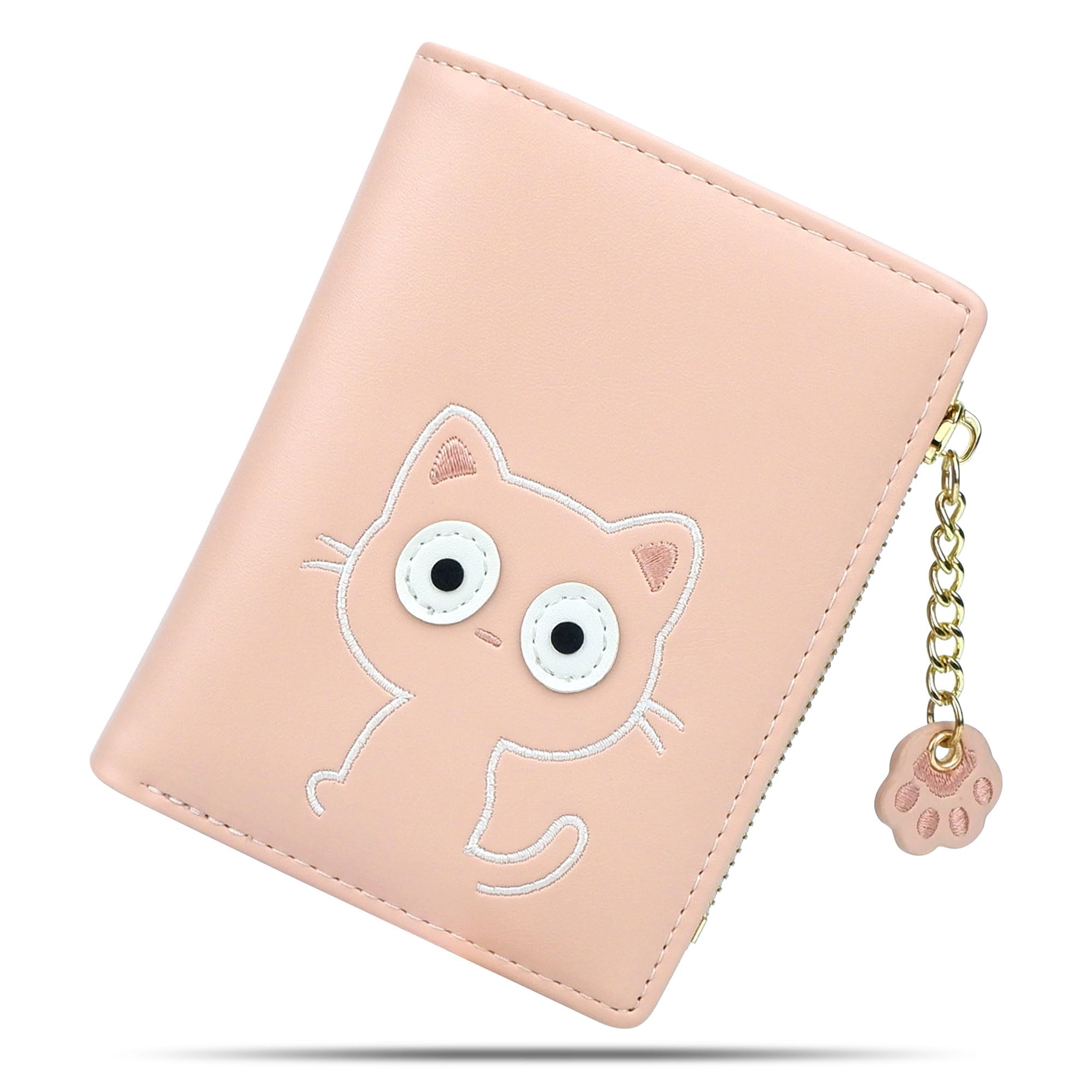 CONISY Small Wallet for Women, Vegan Leather Bifold RFID Blocking Cute Wallet with Coin Purse, Gift Ideas for Teen Girls Ladies (Cat Pink)