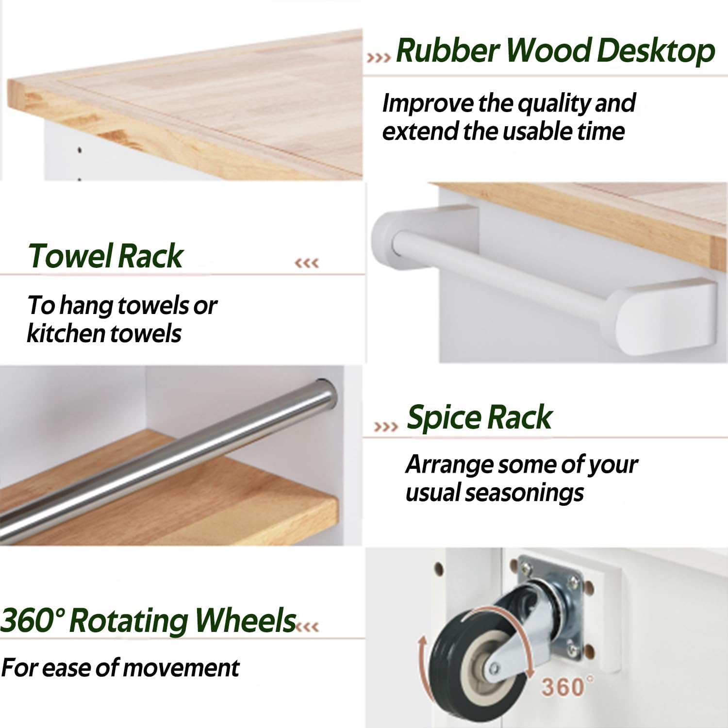 (5-8 Days delivery) Rolling Kitchen Island with Storage Two-Sided Kitchen Cart on Wheels RubberWood Top Wine and Spice Rack Large Kitchen Cart with 2 Drawers 3 Open Compartments (White)